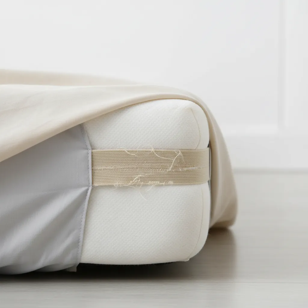 Stretched elastic sheet strap showing wear after repeated use