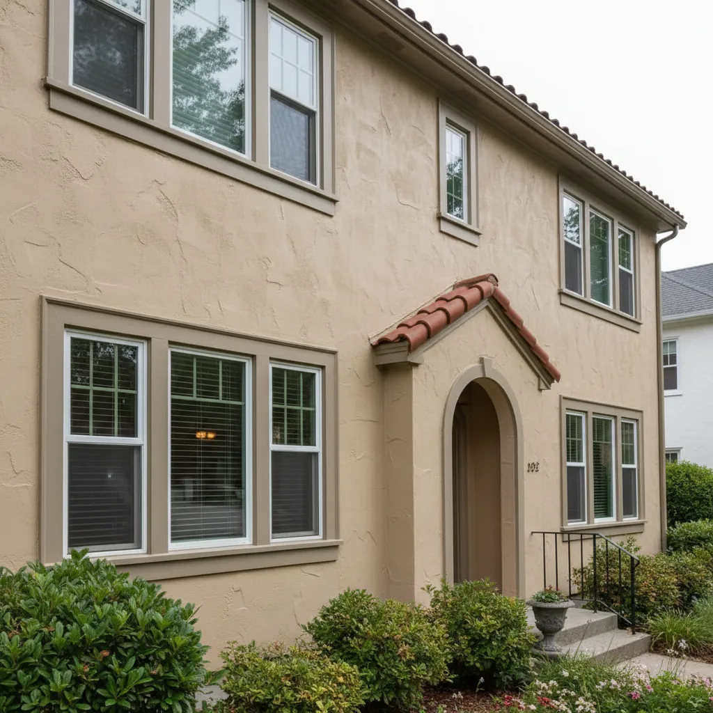 Exterior stucco wall coated with elastomeric protective paint