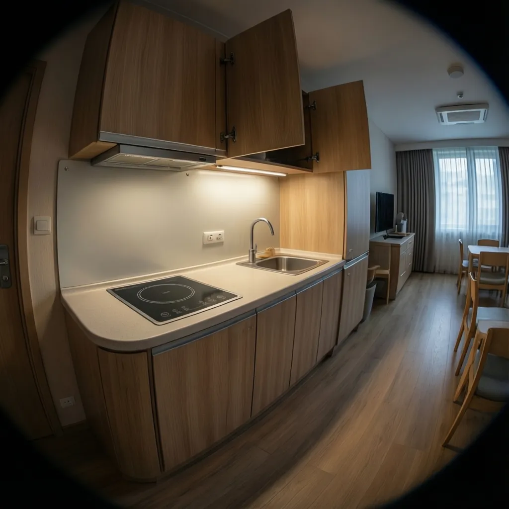 Small kitchen design with wood cabinets electric stove sink under cabinet light and dining area