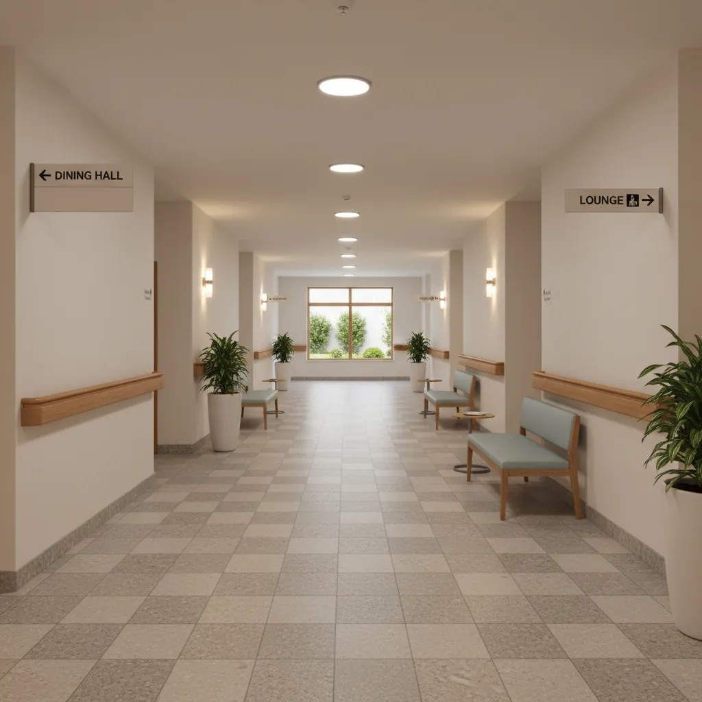 Wide hallway in assisted living facility with handrails and clear walking paths