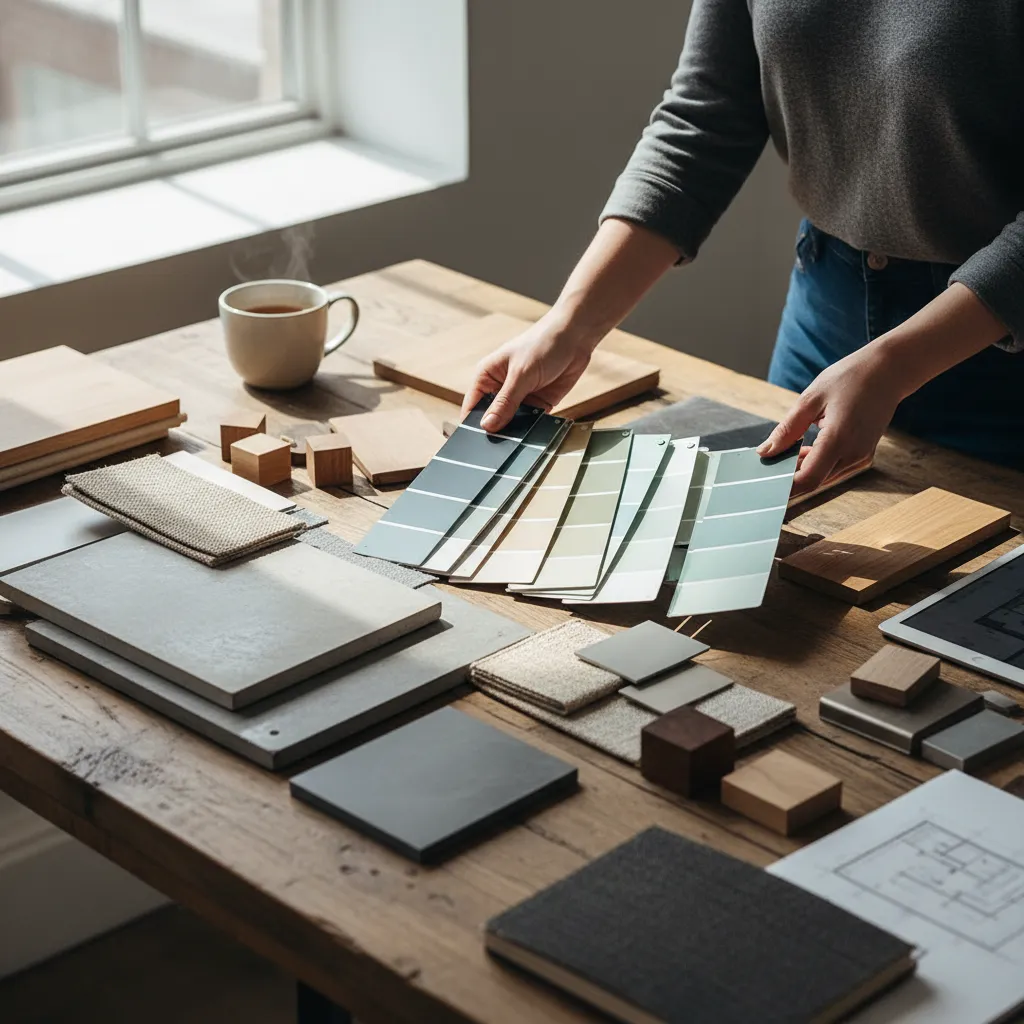 muestras de colores de pintura sobre una mesa con herramientas de diseño