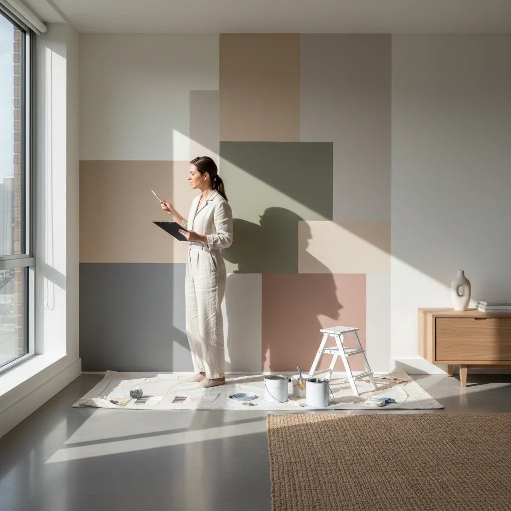 Muestras de pintura en diferentes tonos aplicadas en una pared