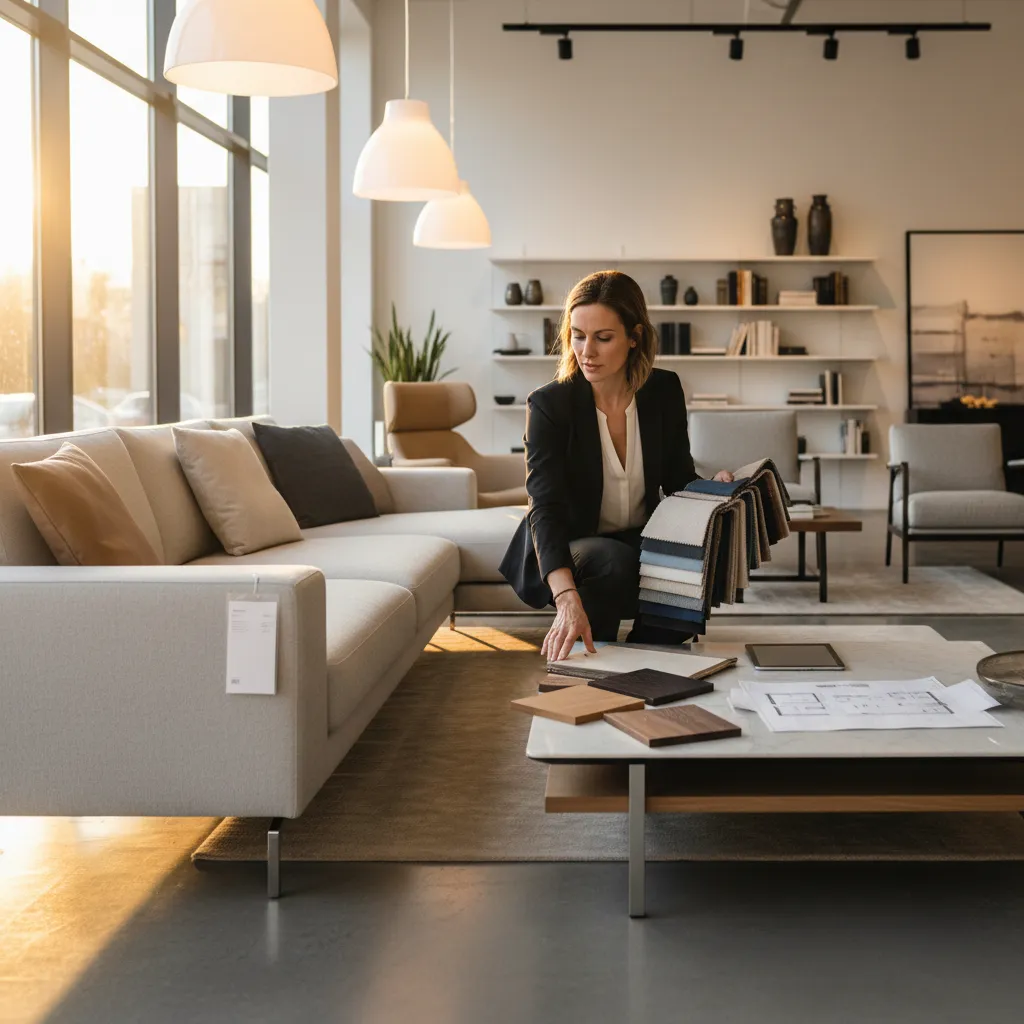 Selección de muebles y materiales para un salón