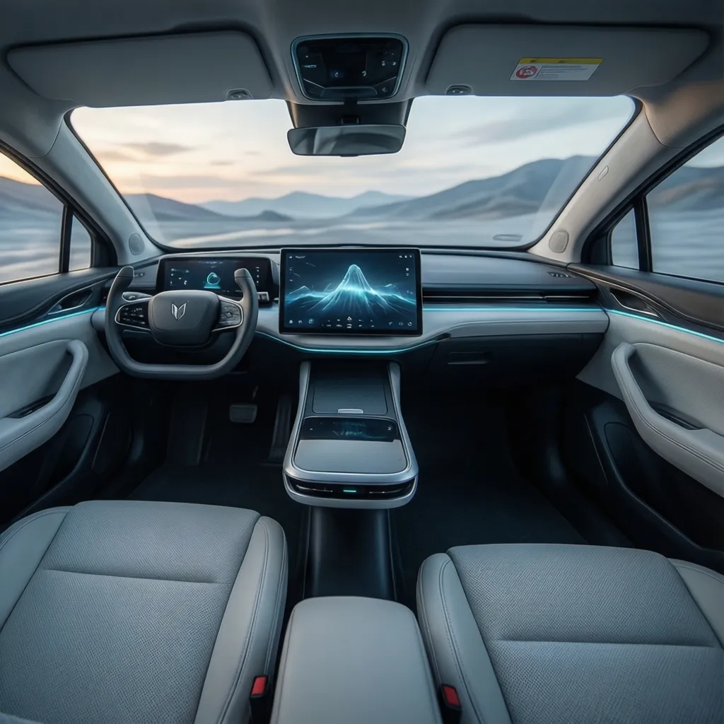 Futuristic electric car interior with grey seats large central screen and blue light on dashboard
