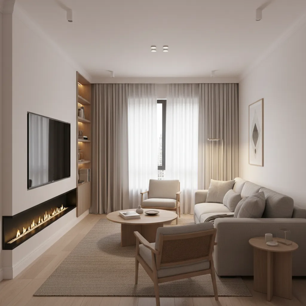 modern electric wall fireplace installed in a compact apartment living room