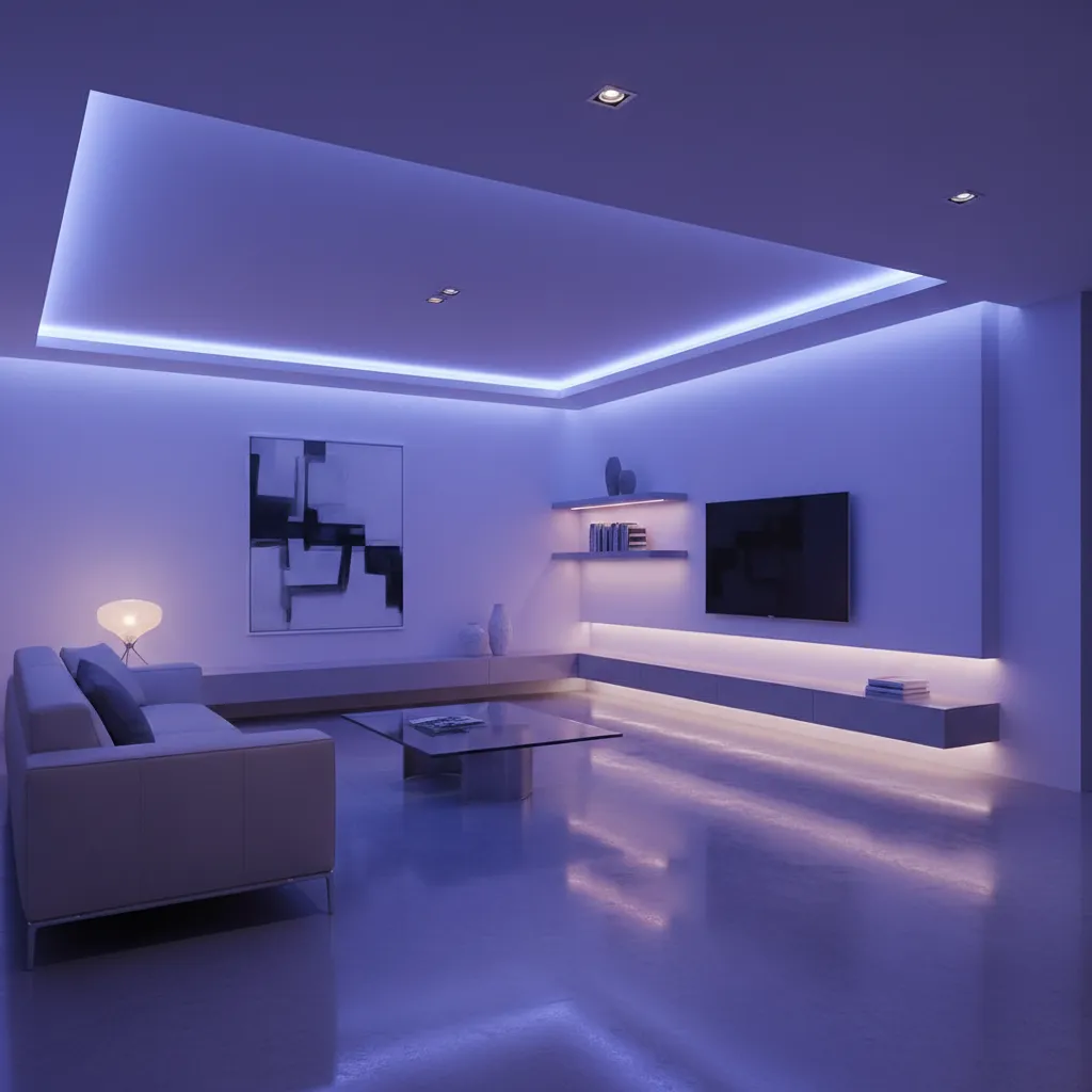 Sala moderna con tiras LED y decoración vibrante