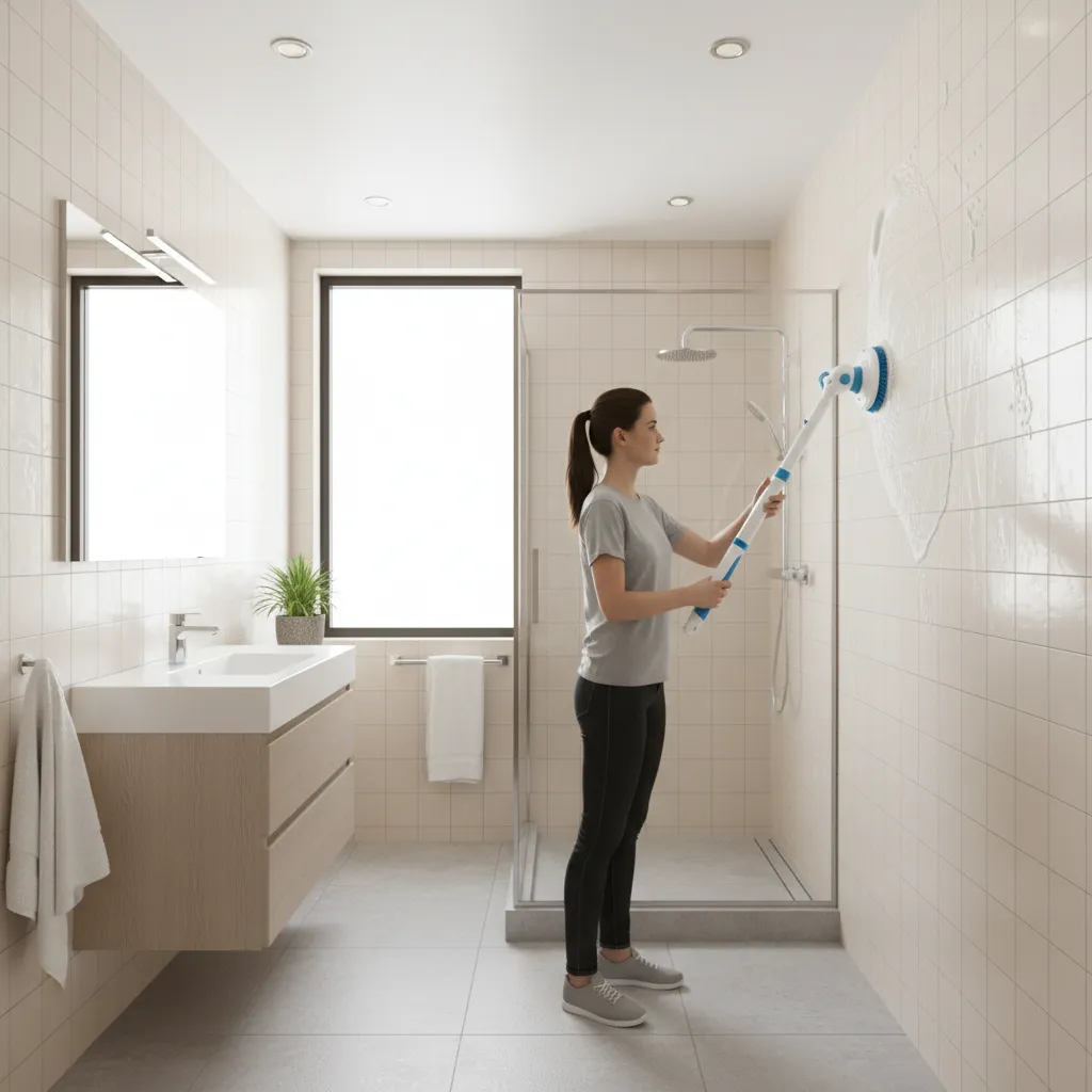 Electric power scrubber cleaning bathroom wall tiles and grout