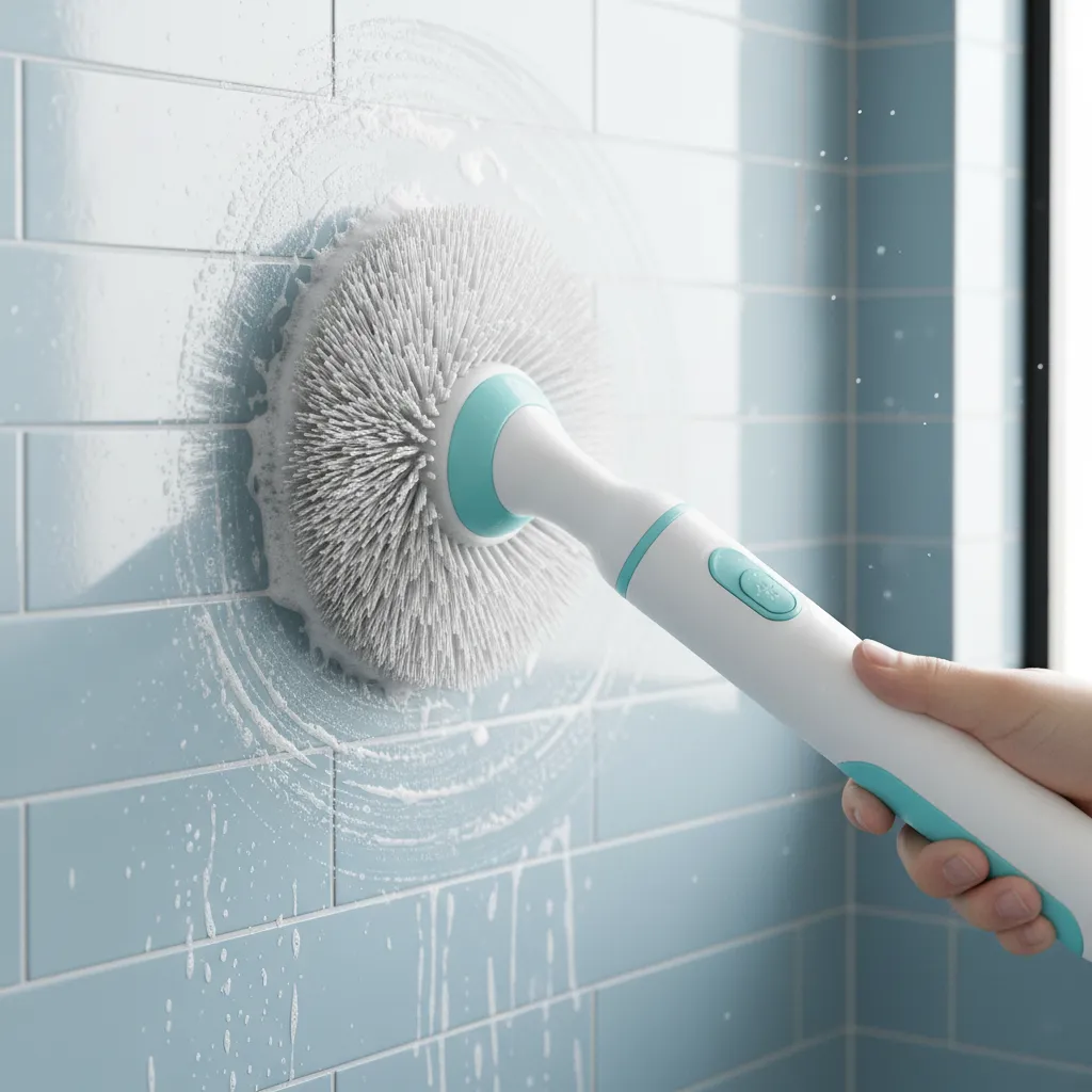 Electric spin scrubber cleaning soap scum from shower wall tiles