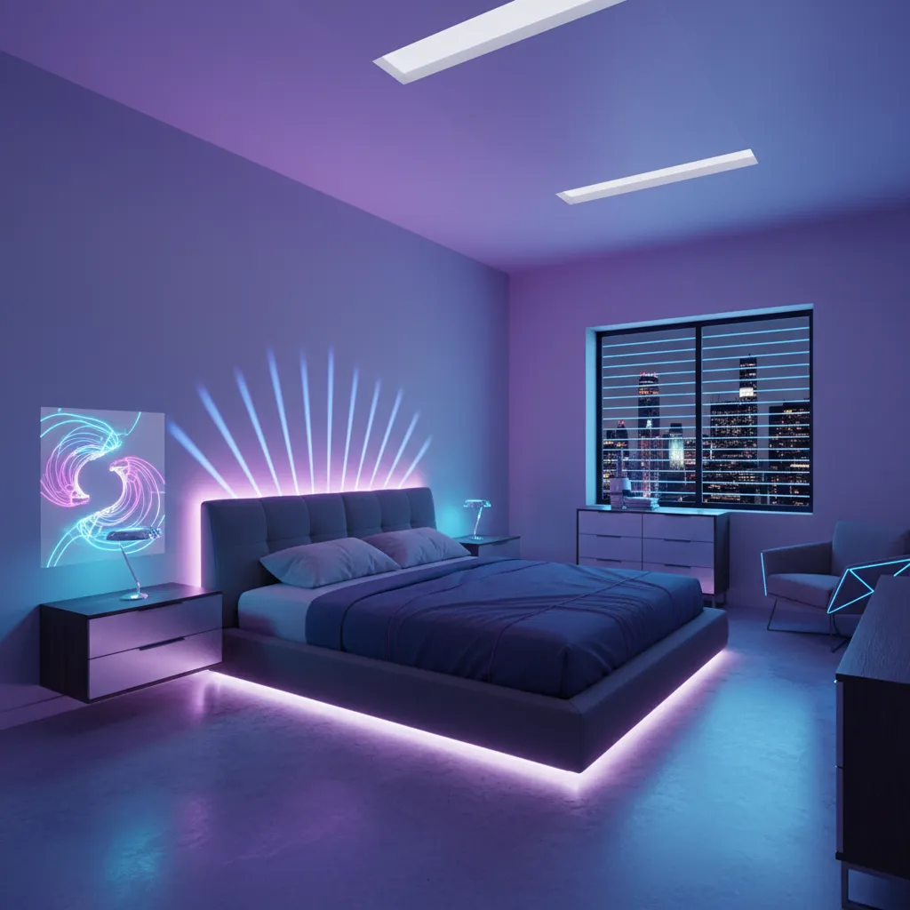 Dormitorio juvenil con iluminación LED azul y morada