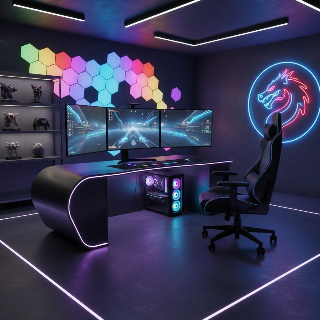 Habitación gaming con iluminación LED multicolor