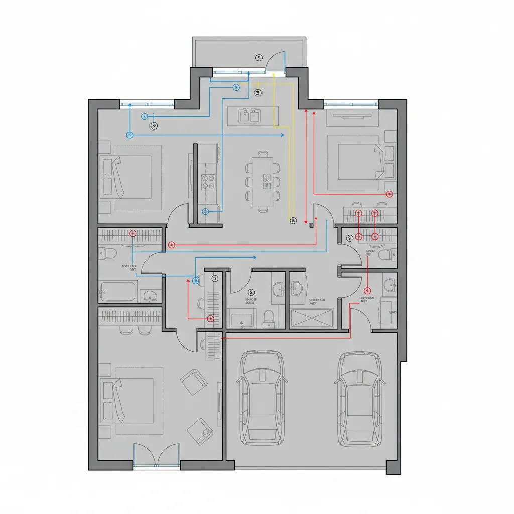 Electrical floor plan showing circuit routing lines between switches and lights