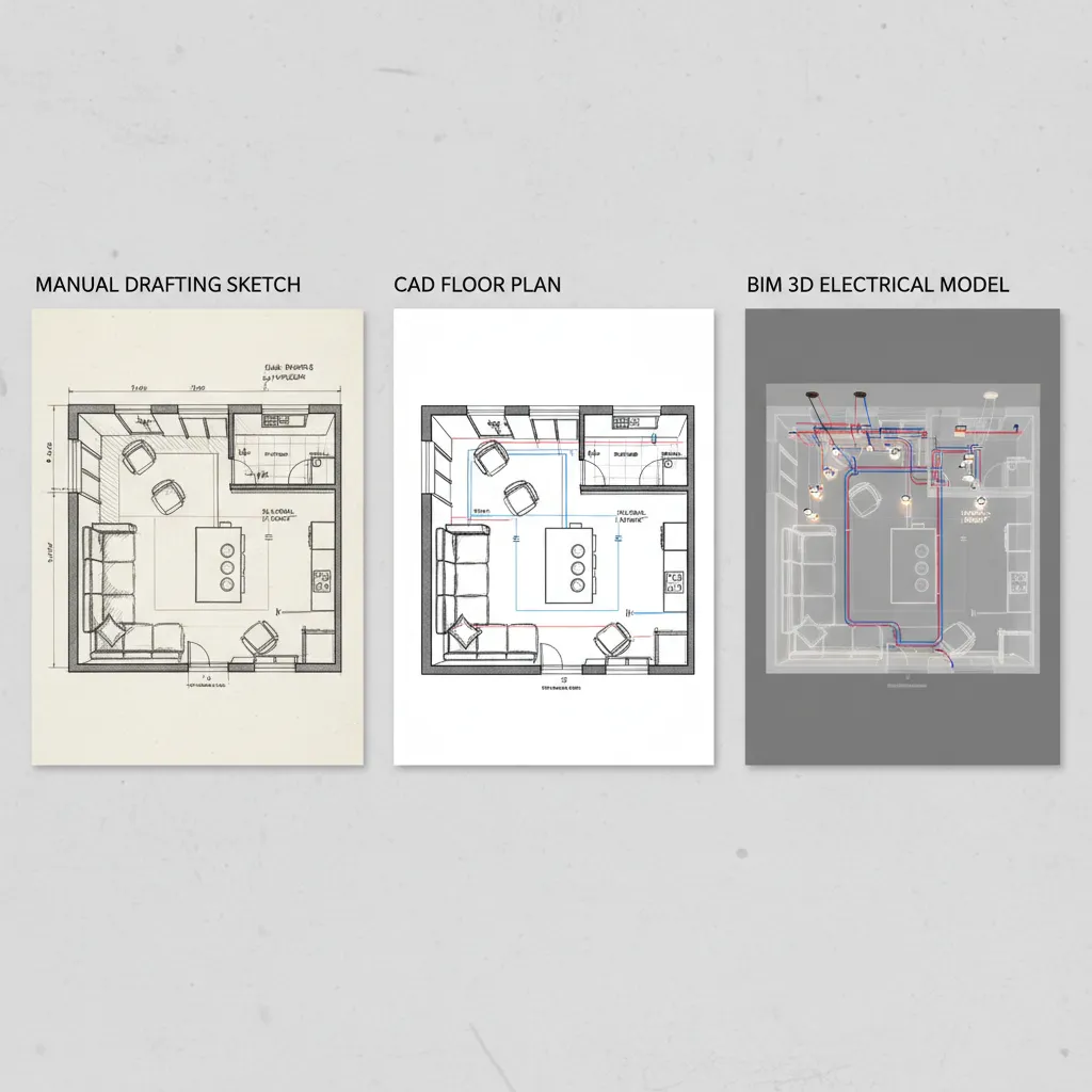 visual comparison between manual CAD and BIM electrical floor plan workflows