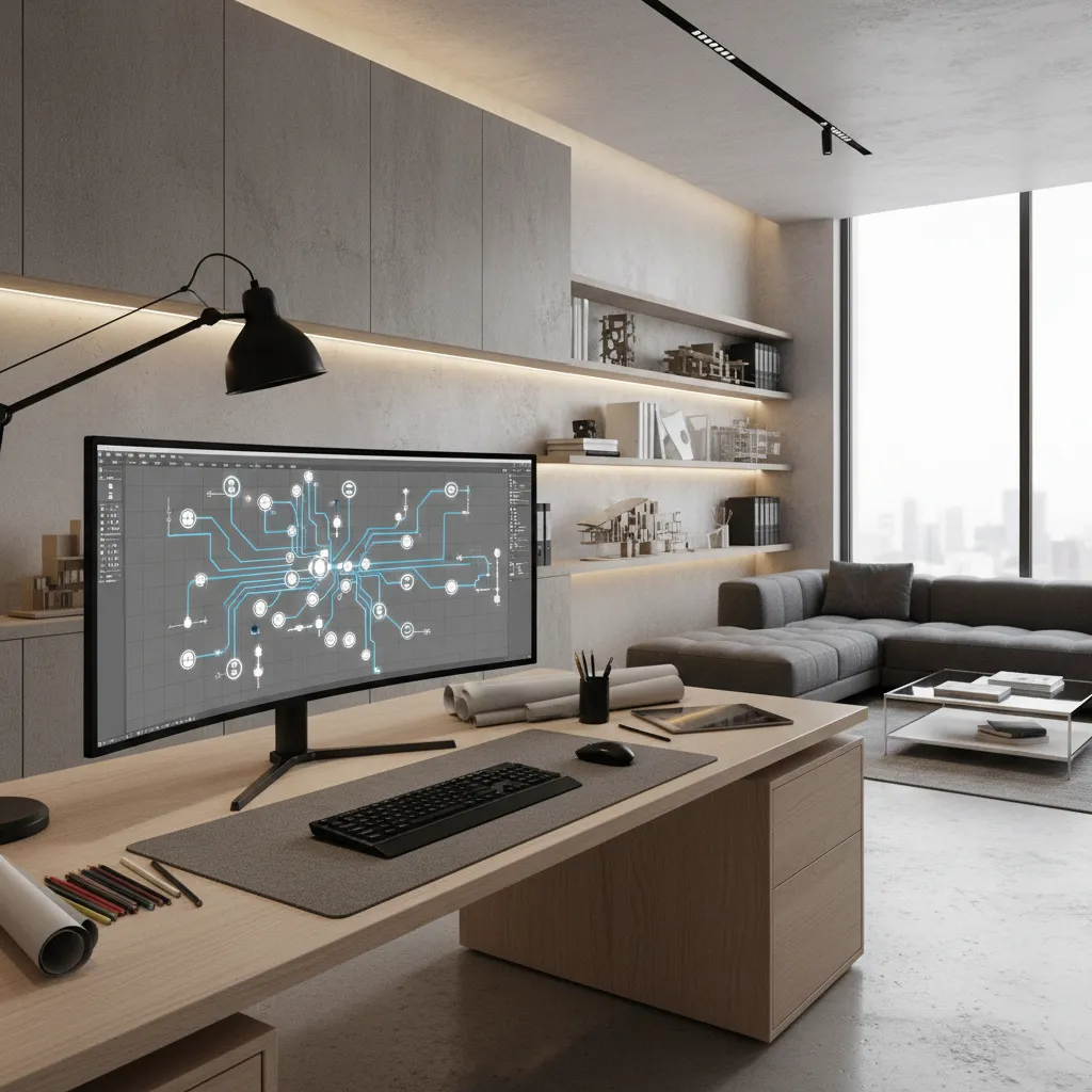 Architect reviewing electrical floor plan drawing on computer screen