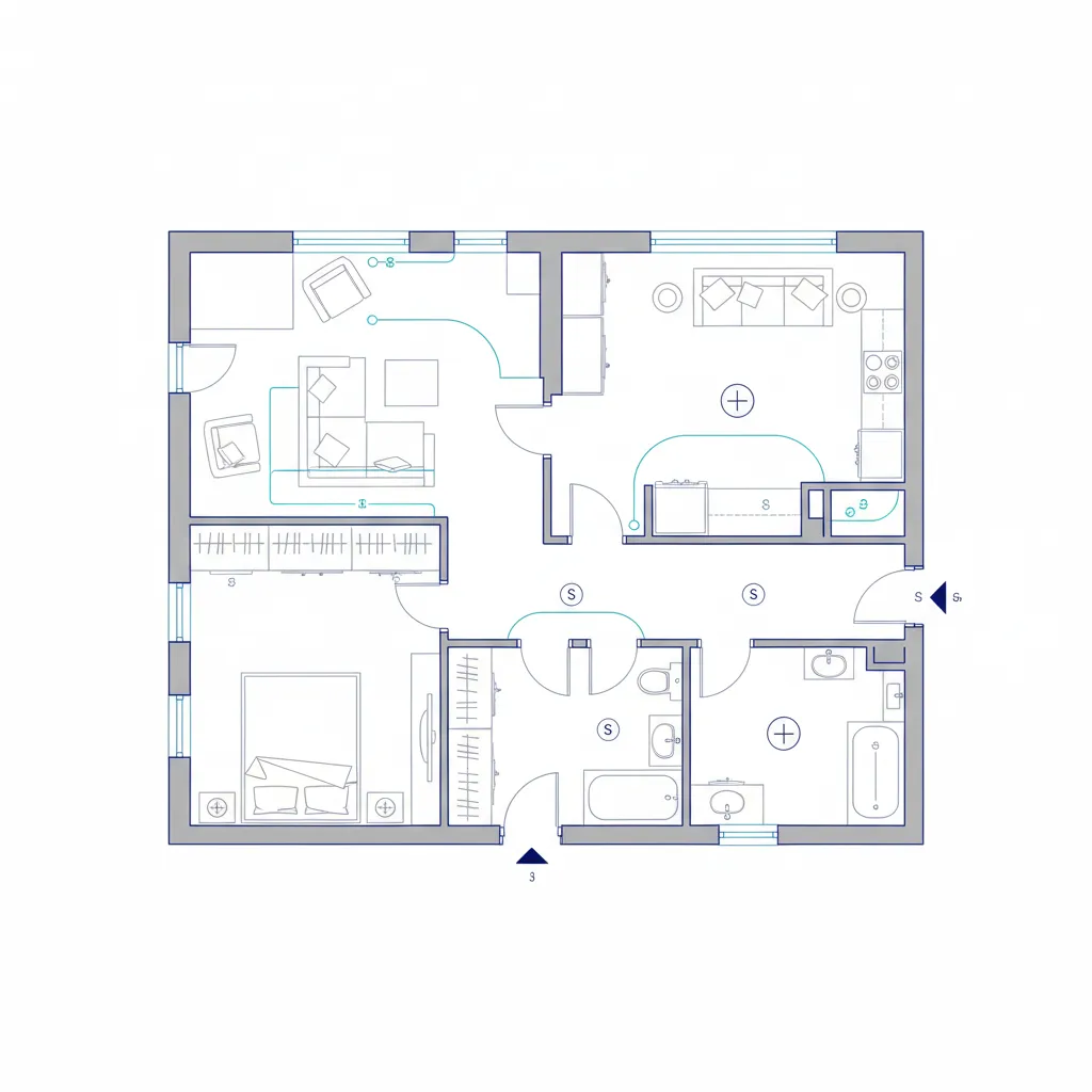 architectural floor plan with electrical outlets switches and lighting symbols