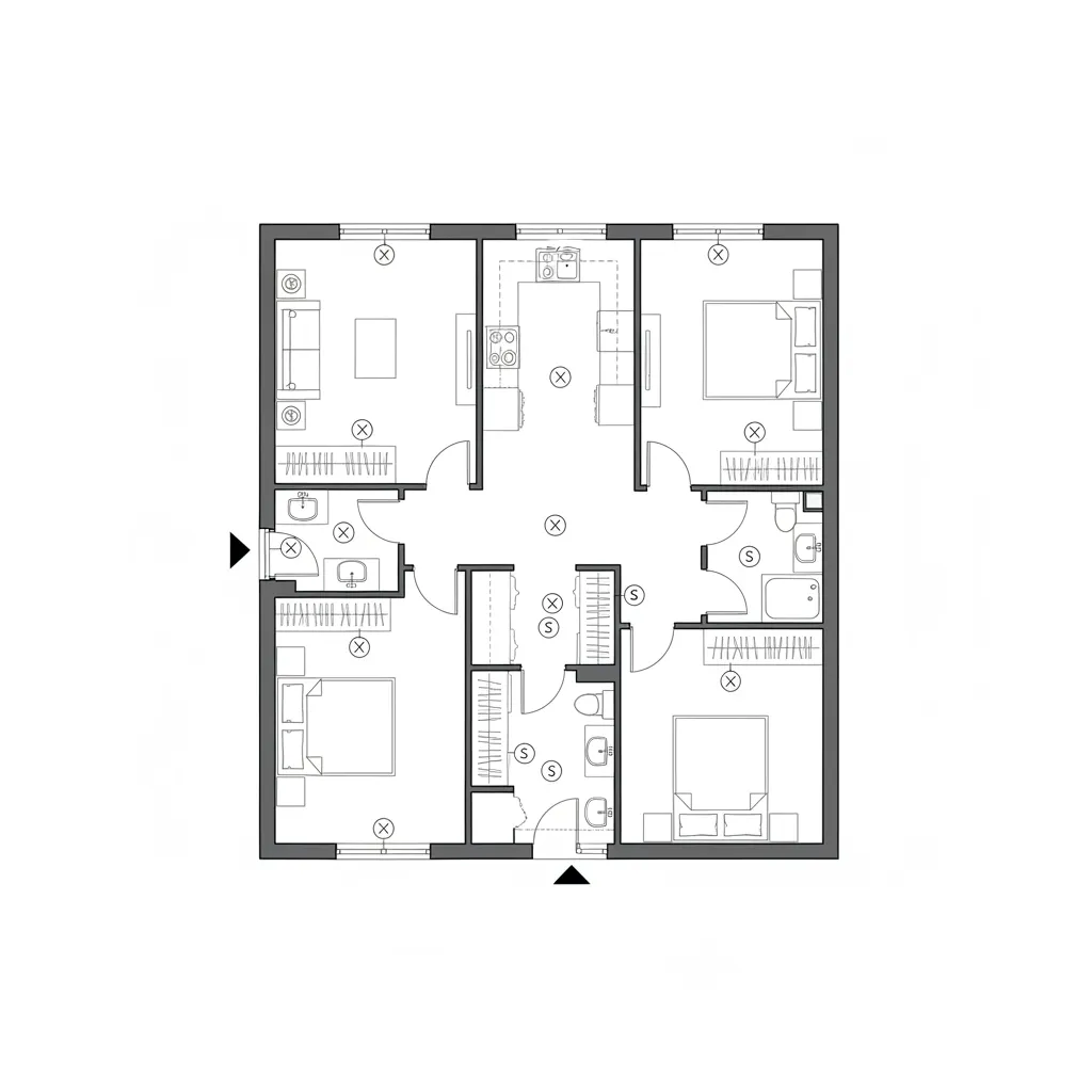 electrical symbols placed on a residential floor plan layout