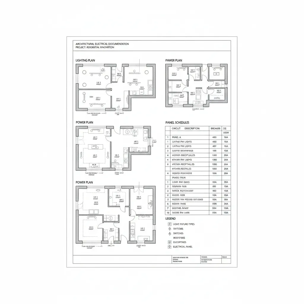 Electrical floor plan documentation including circuit labels and panel schedules