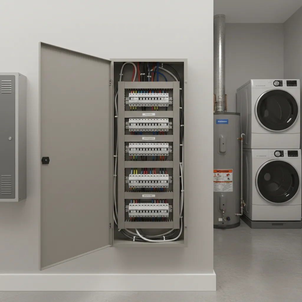 Residential electrical panel with labeled circuit breakers for lighting circuits
