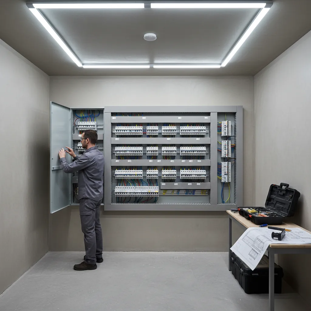 Electrician installing modern electrical panel with circuit breakers