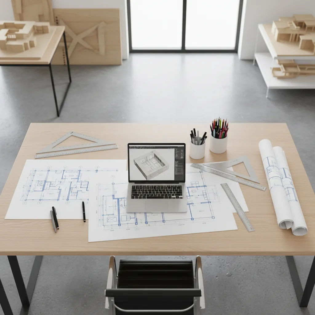 Interior designer reviewing electrical floor plan drawing on desk with architectural tools