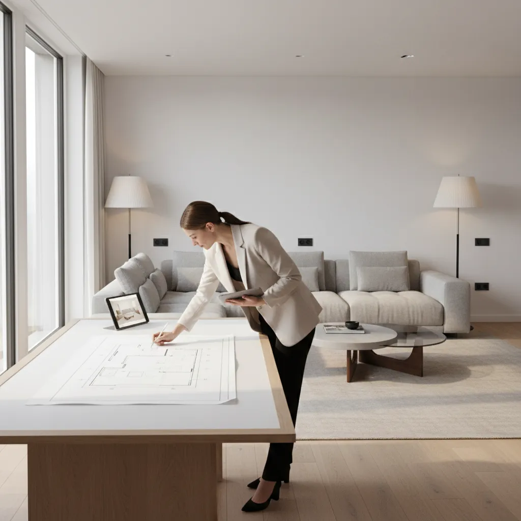 Designer reviewing living room furniture layout for outlet and lighting planning