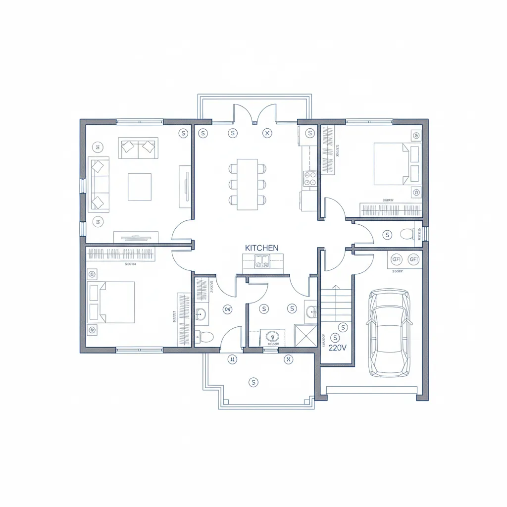 Residential floor plan with electrical symbols for lighting and outlets