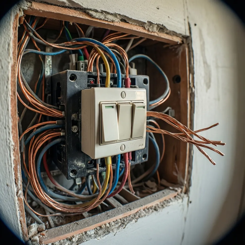 Open wall switch box showing residential wiring connections