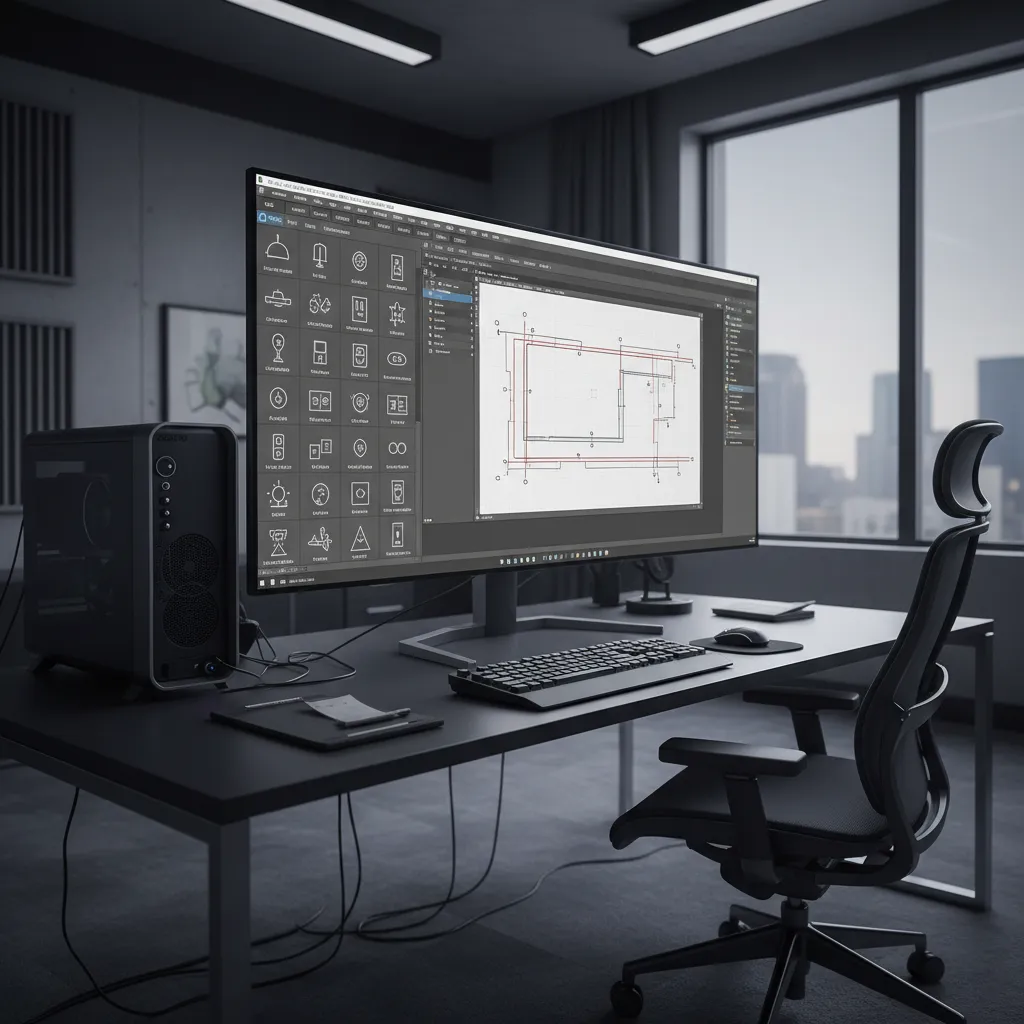 Electrical CAD symbol library panel with outlets switches and lighting icons