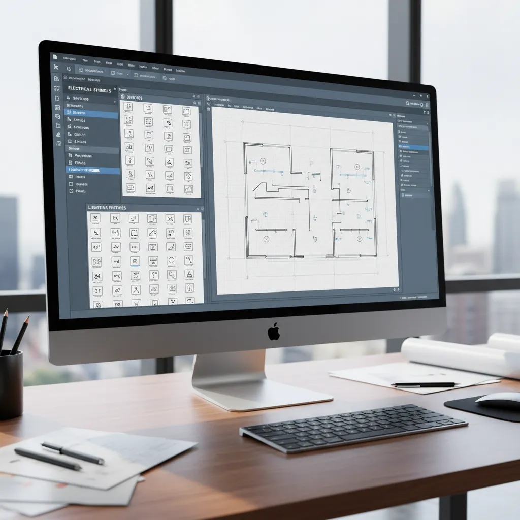CAD interface displaying organized electrical symbols library panels