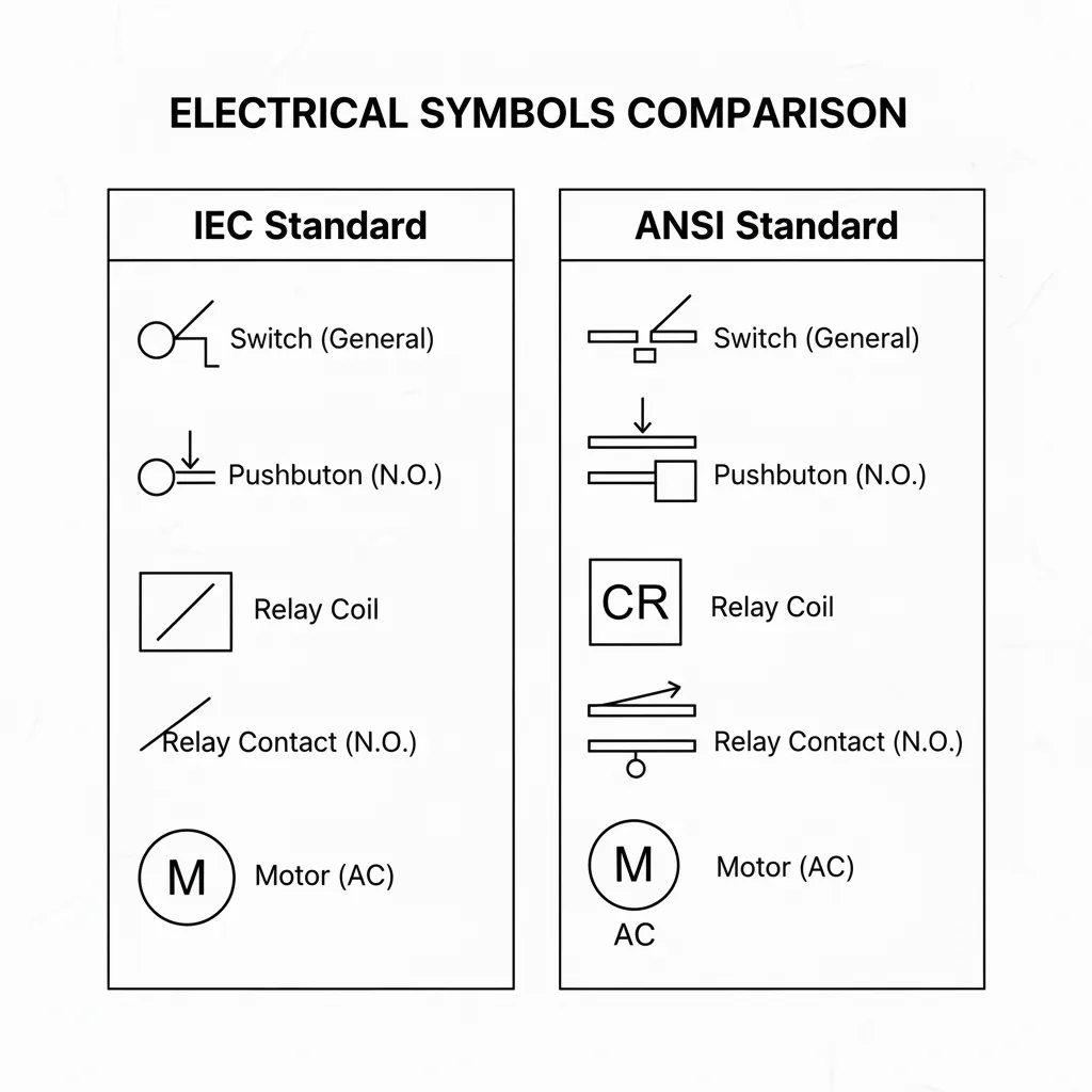 Close comparison of switch and relay symbols in IEC and ANSI formats