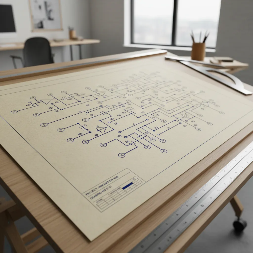 electrical engineering blueprint with standardized schematic symbols