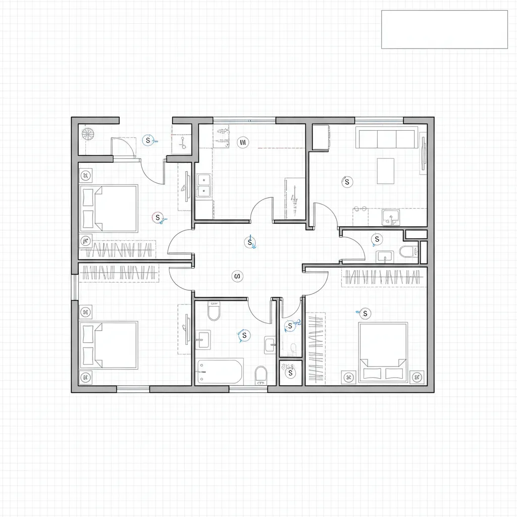 Electrical floor plan with standardized outlet and lighting symbols