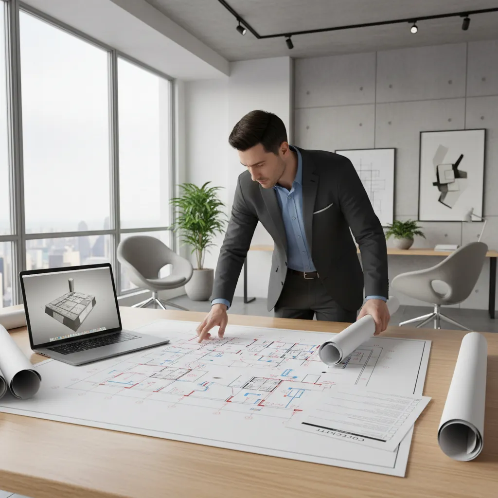 Architect reviewing building layout and electrical planning checklist