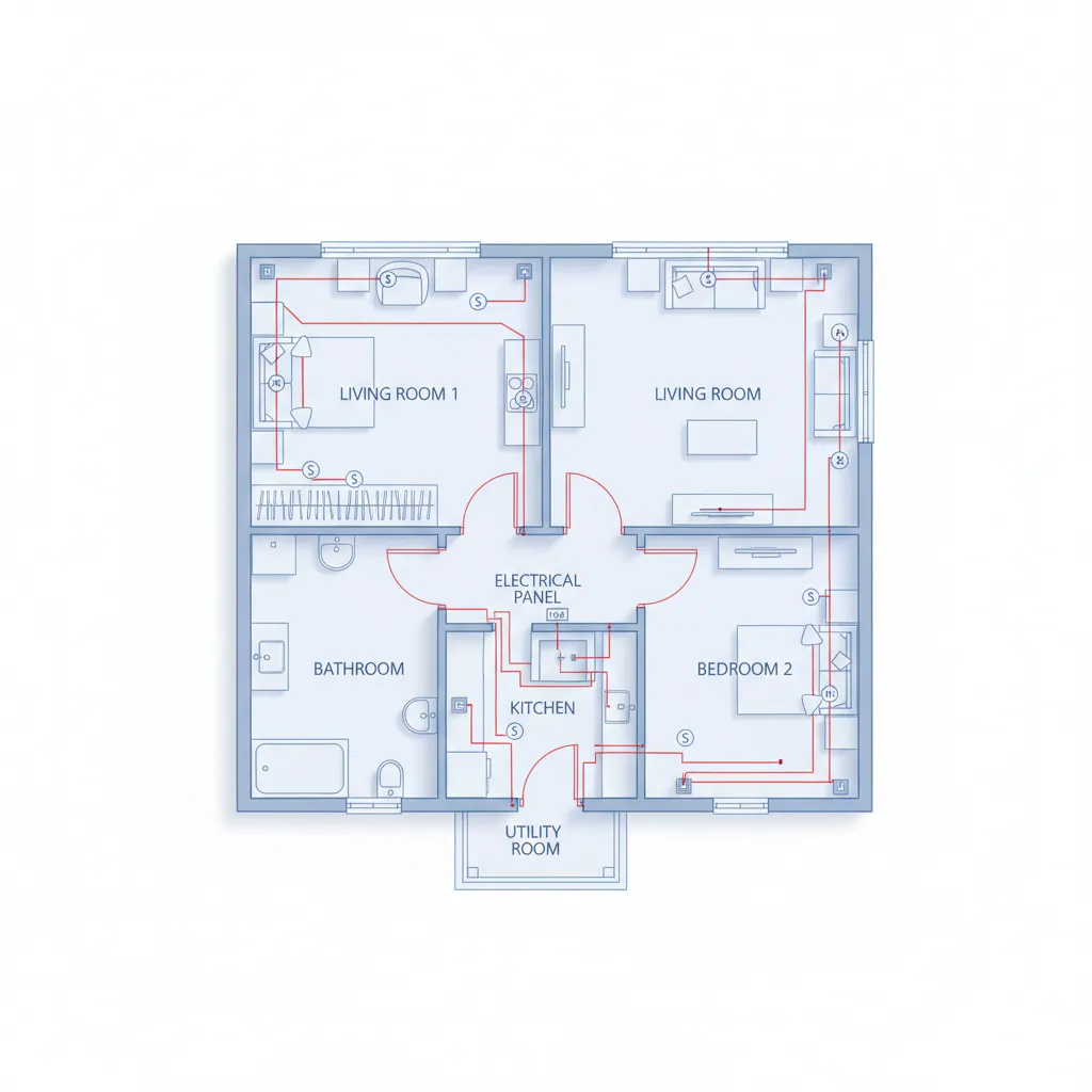 Residential electrical plan illustrating simplified wiring routes across rooms