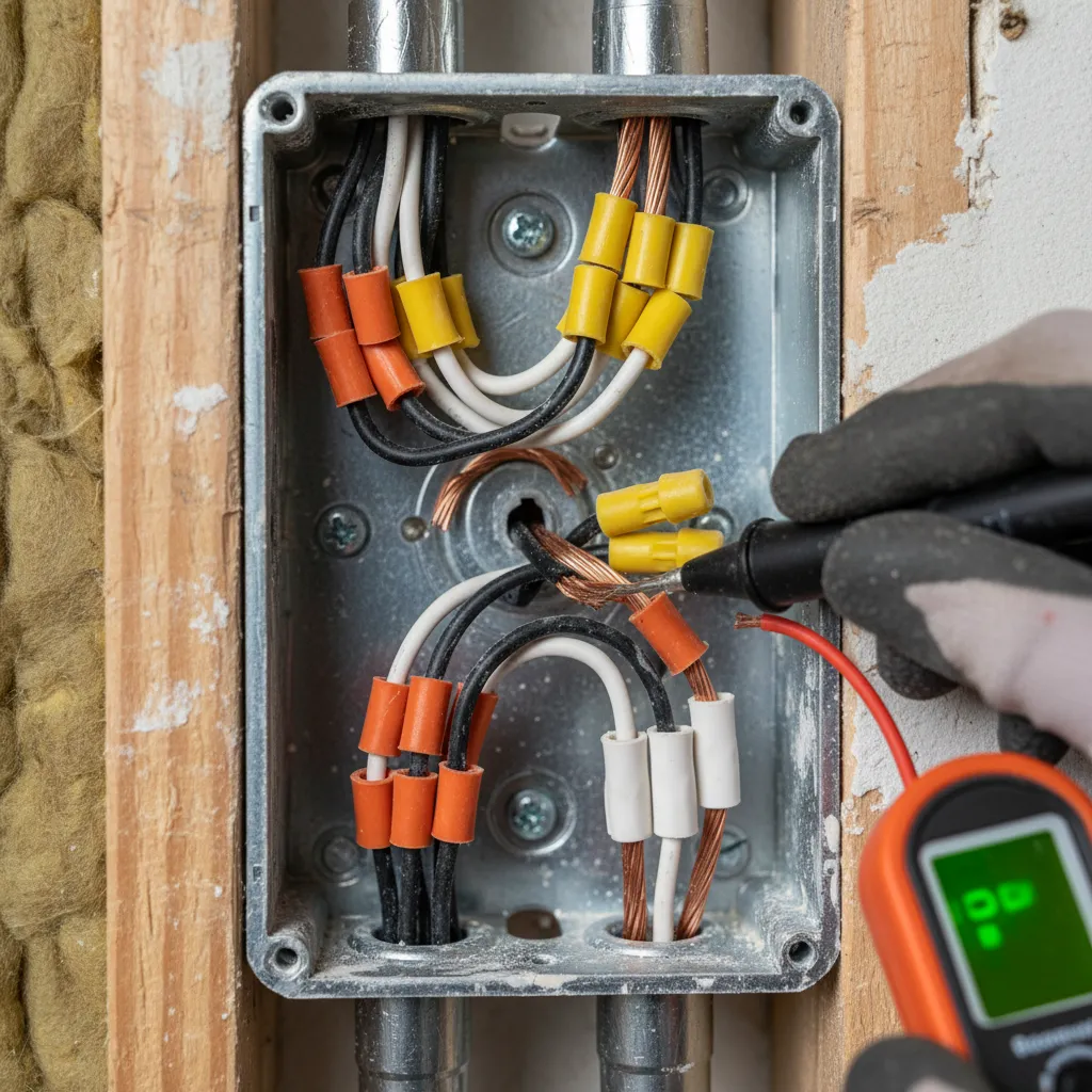 Close-up of household electrical wiring and light switch connection
