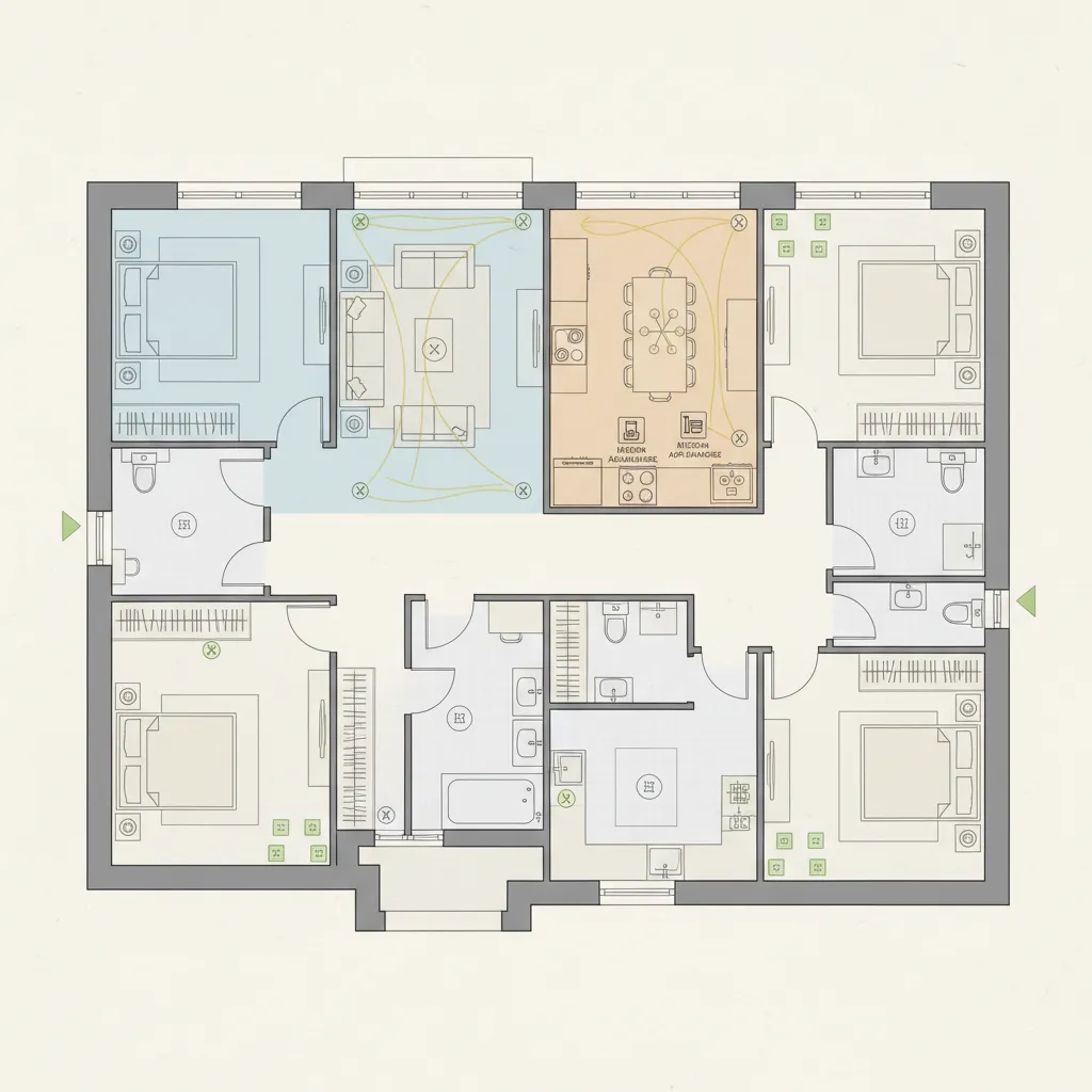 Residential floor plan highlighting electrical zones for kitchen, lighting, and appliances