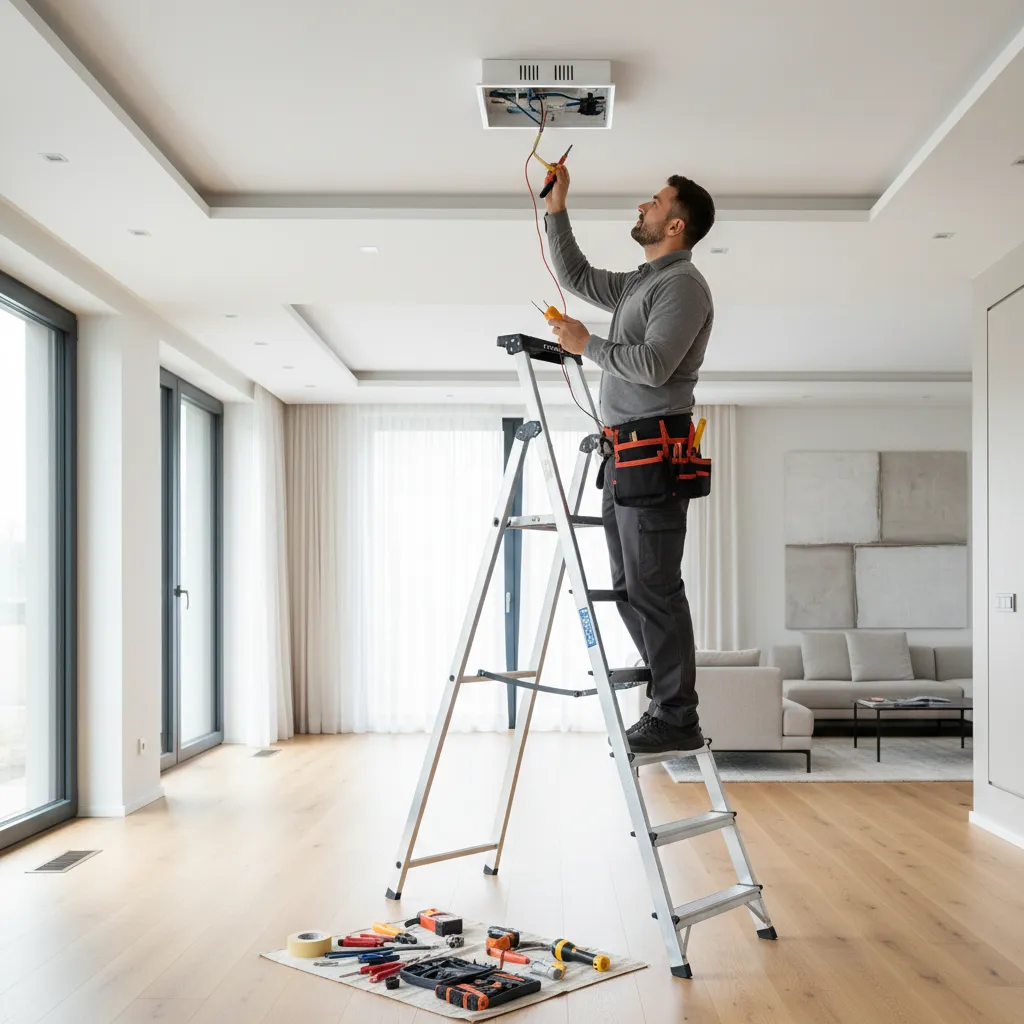 Electrician inspecting wiring inside ceiling light fixture