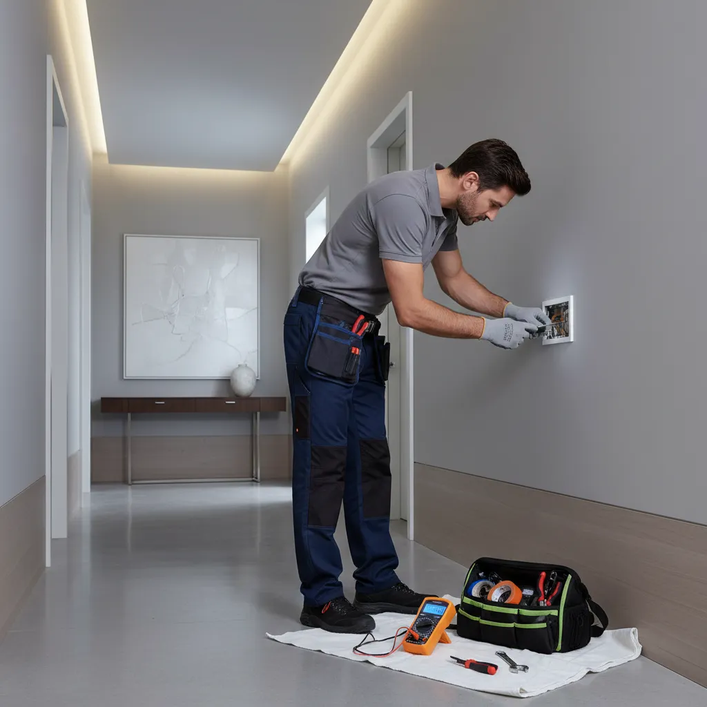 Electrician inspecting wall light switch in modern home