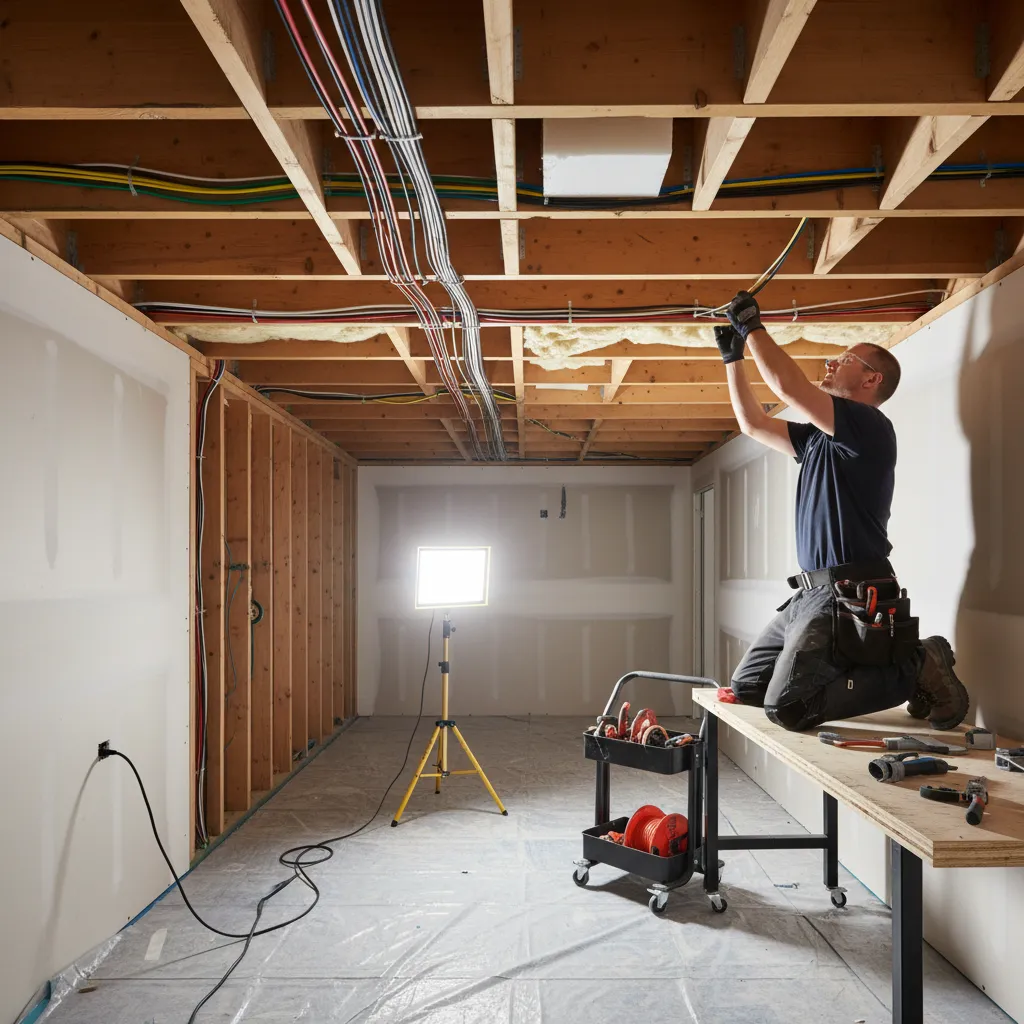 Electrician installing additional circuits and wiring in home renovation
