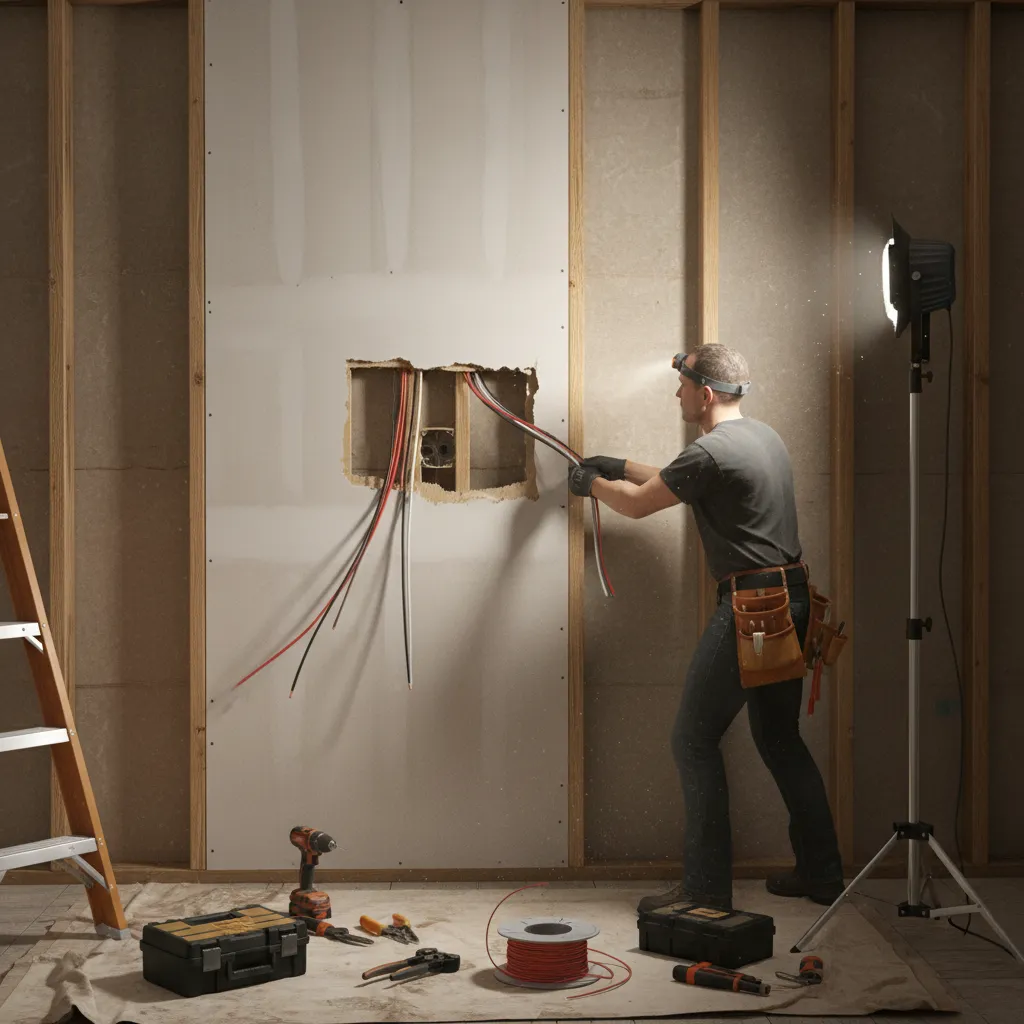 Electrician rewiring an older home through a drywall opening