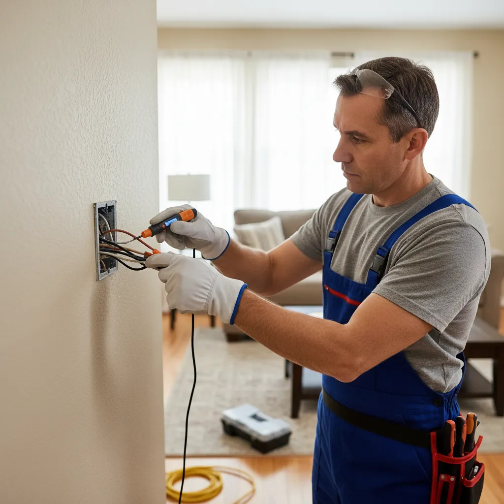 Licensed electrician testing lighting circuit with electrical tester