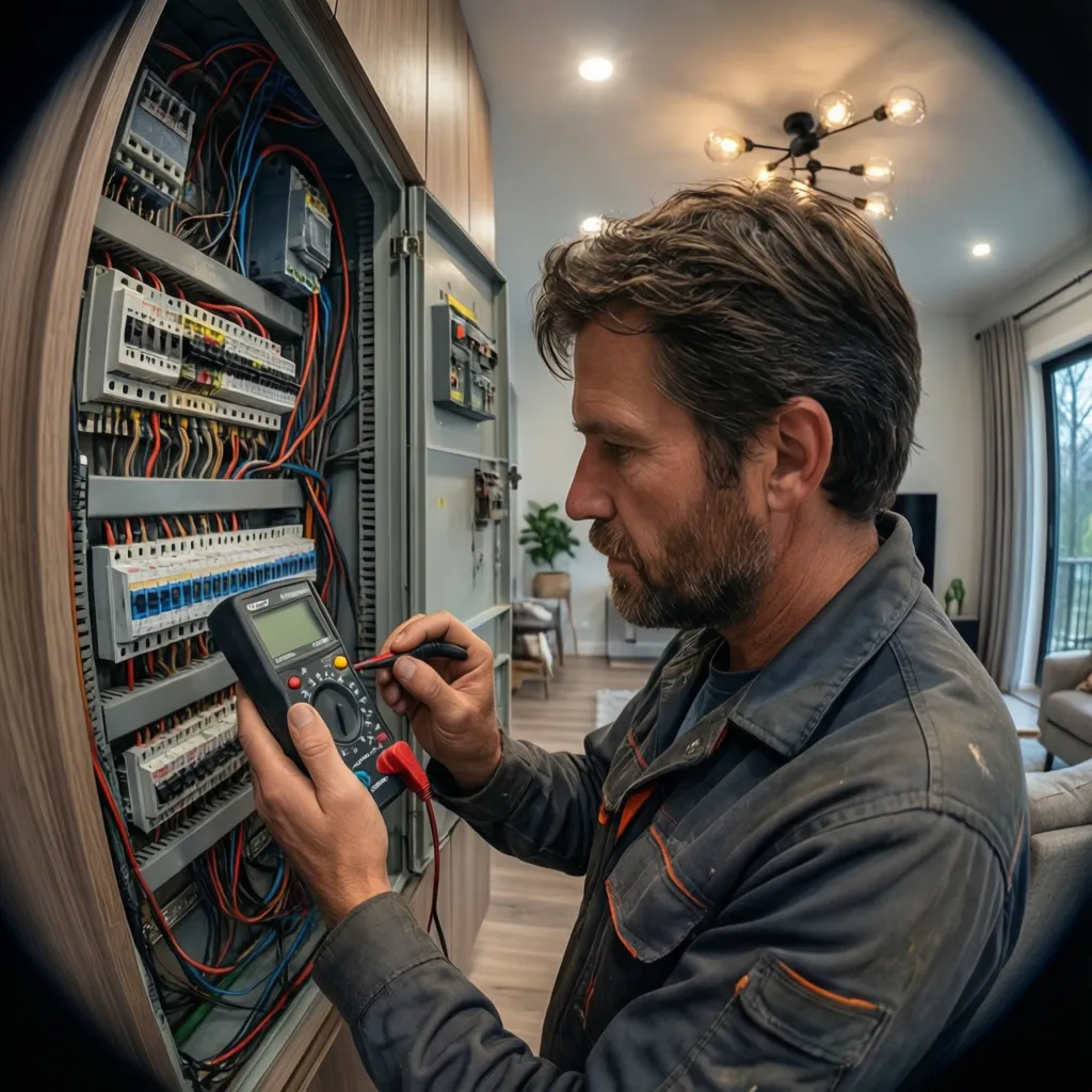 Electrician testing home lighting circuit using multimeter