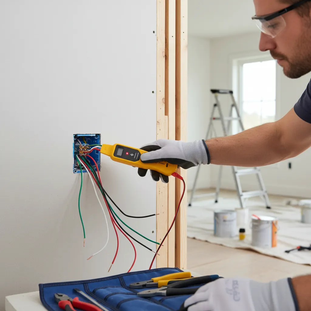 electrician using voltage tester on light switch wiring