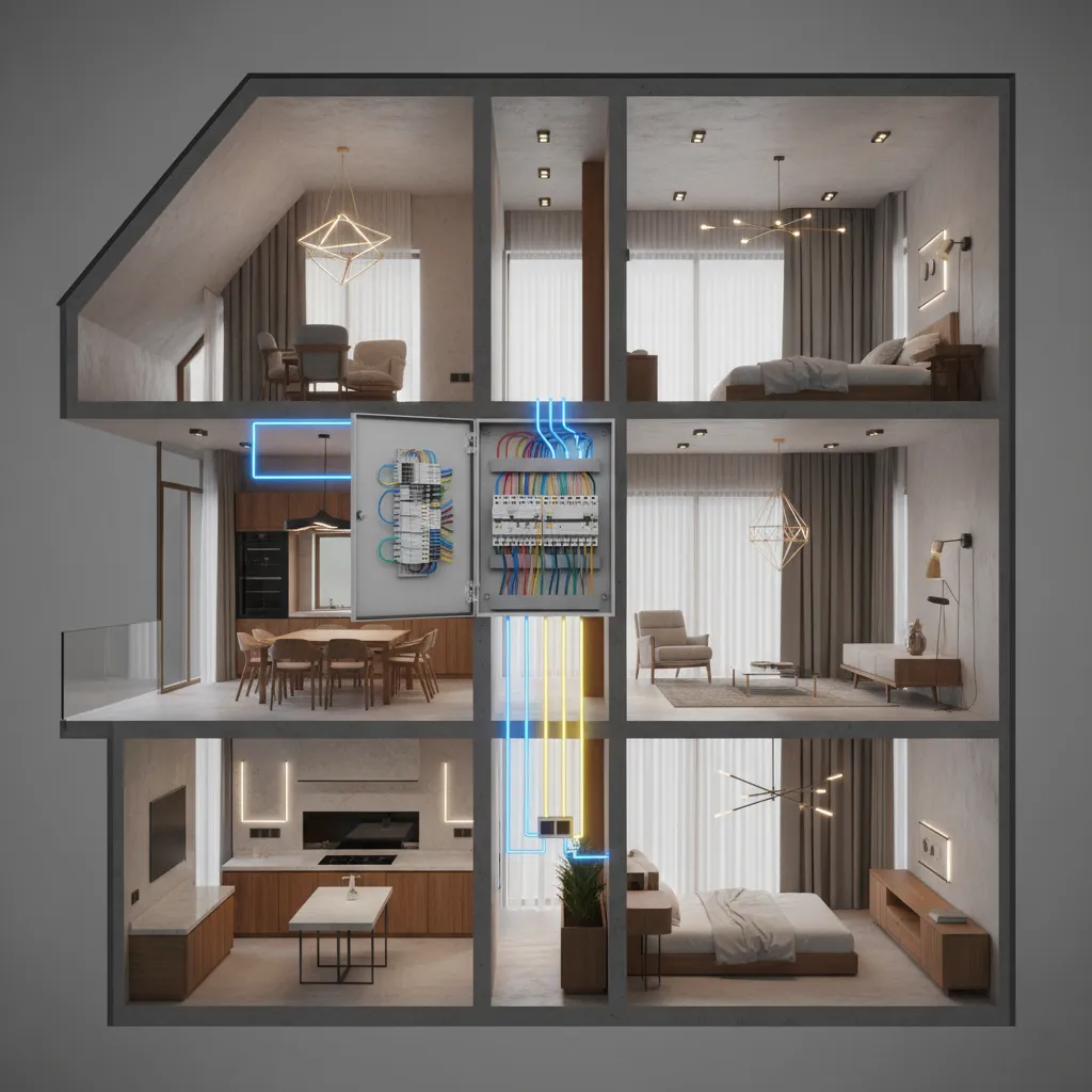 Cutaway view house showing many rooms with central electrical box and colorful wires for lighting