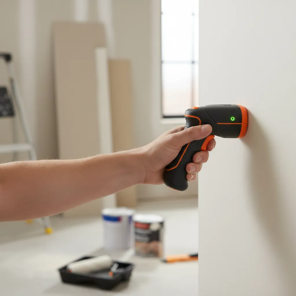 Electronic stud finder scanning a drywall surface to locate studs