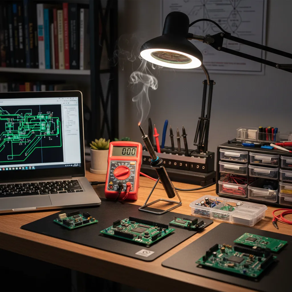 Pequeño laboratorio de electrónica montado en un escritorio doméstico
