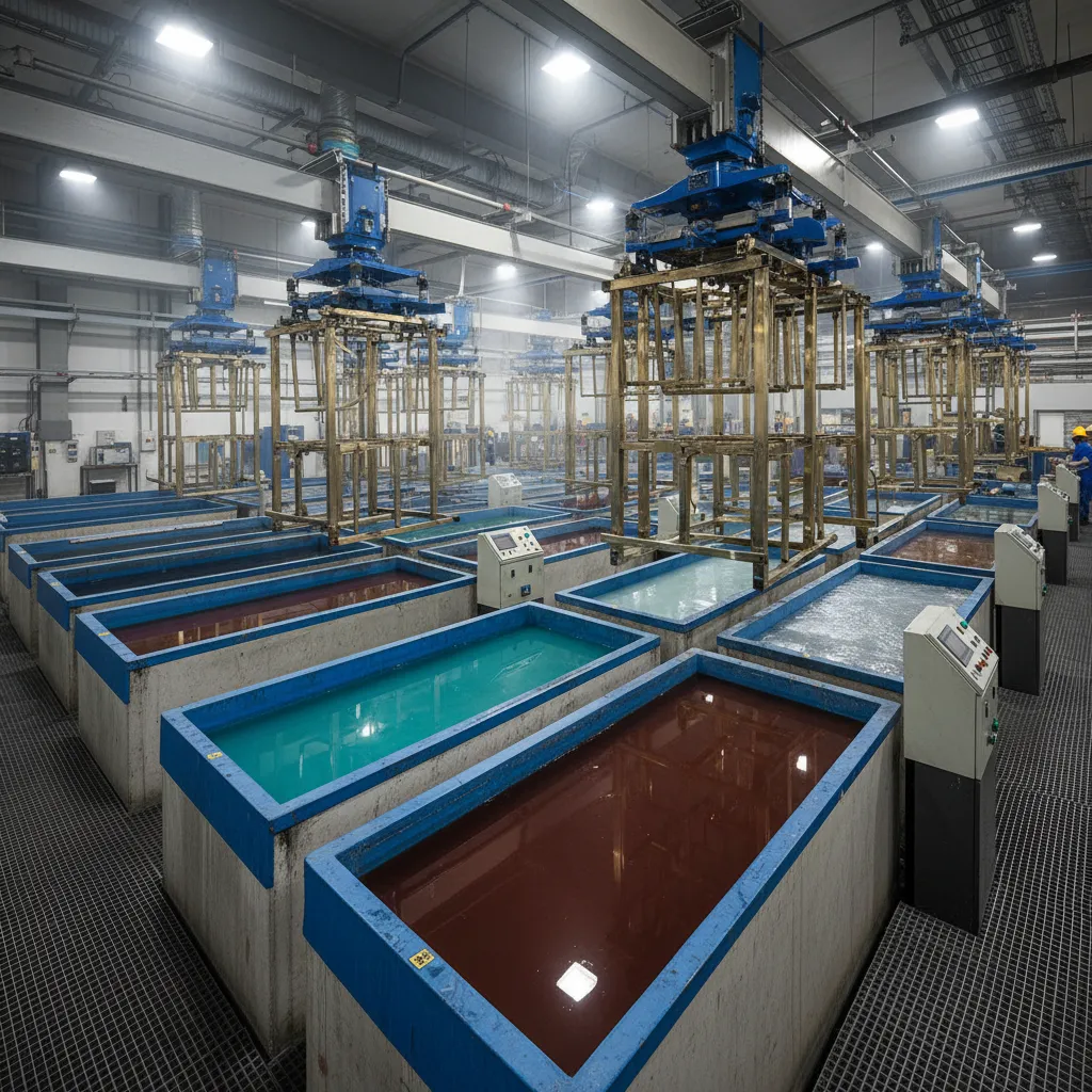 Metal components submerged in electroplating tanks during finishing process