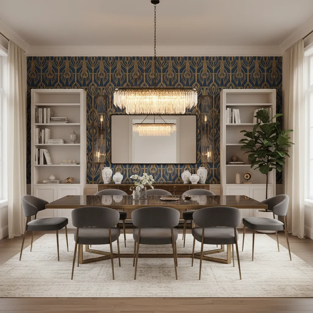 Elegant dining room with luxury wallpaper feature wall and dining table