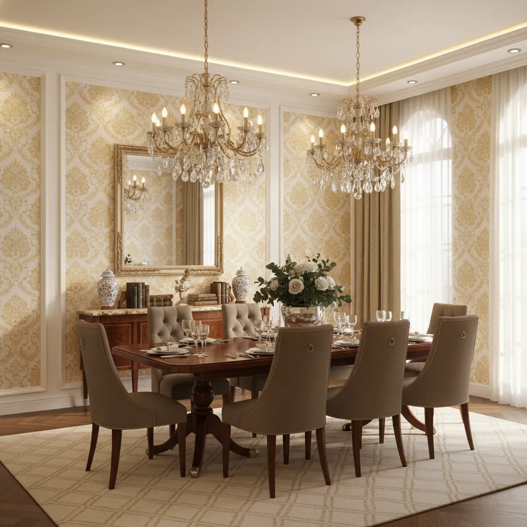 elegant dining room featuring luxury patterned wallpaper and classic furniture