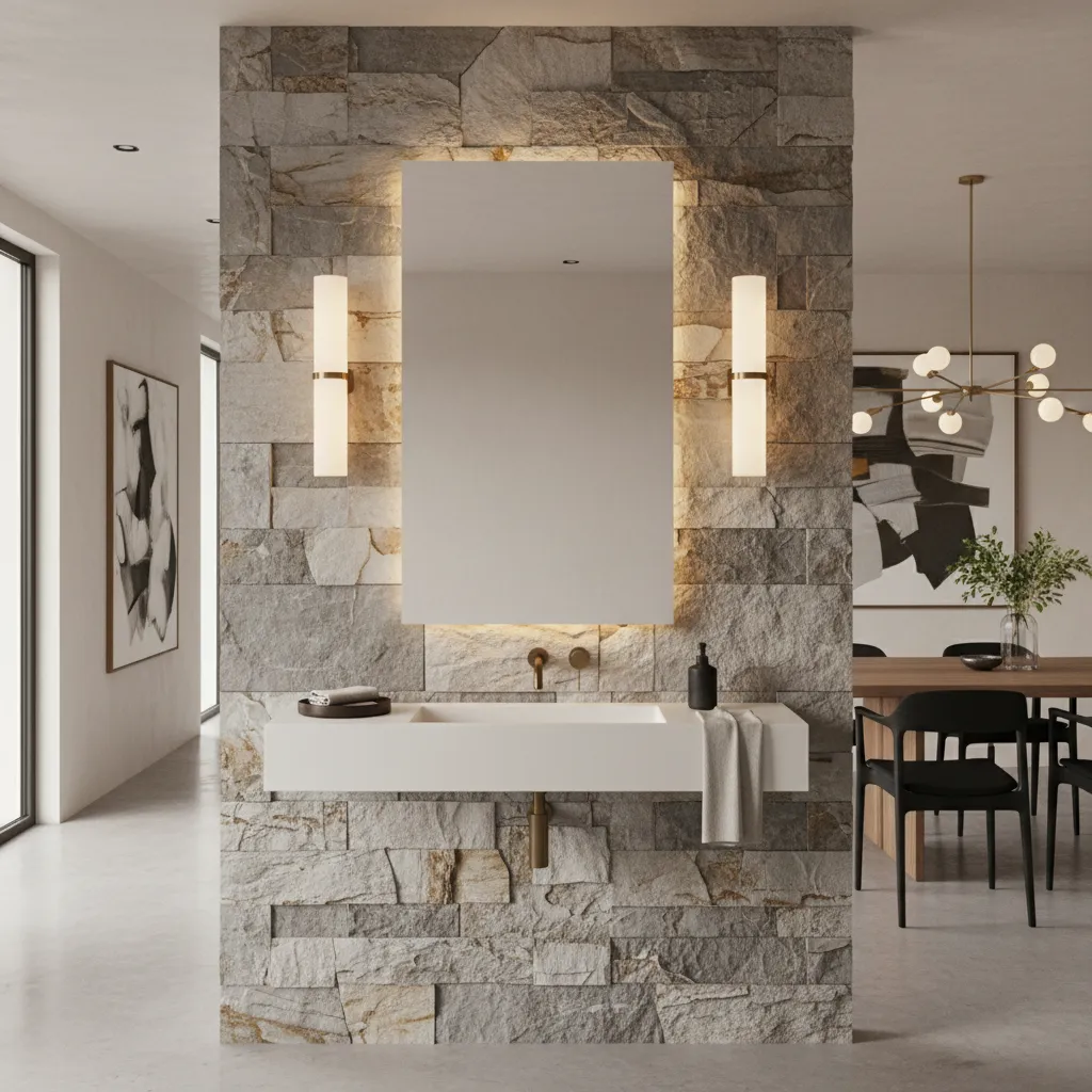 Elegant dining room wash basin with mirror lighting and stone backsplash