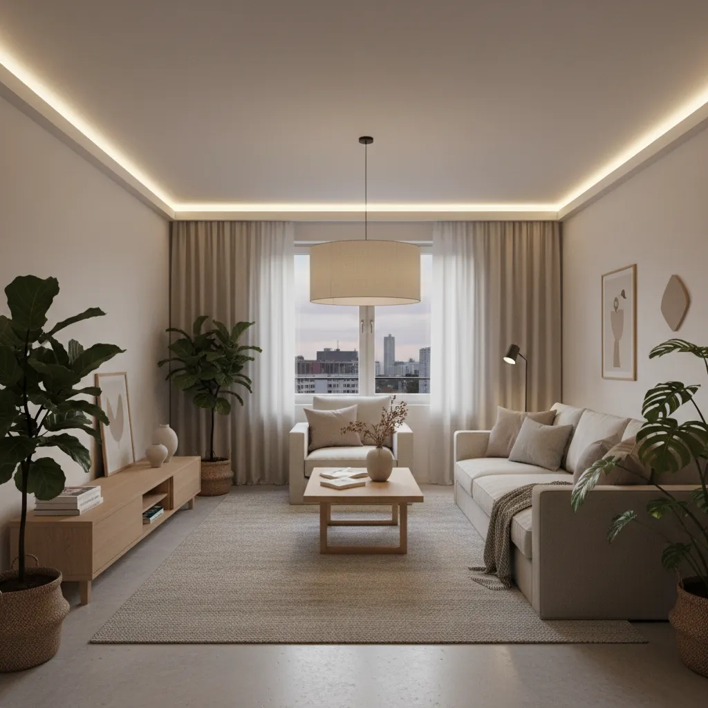 Warm living room featuring beige sofa wooden coffee table large ceiling light grey rug plants